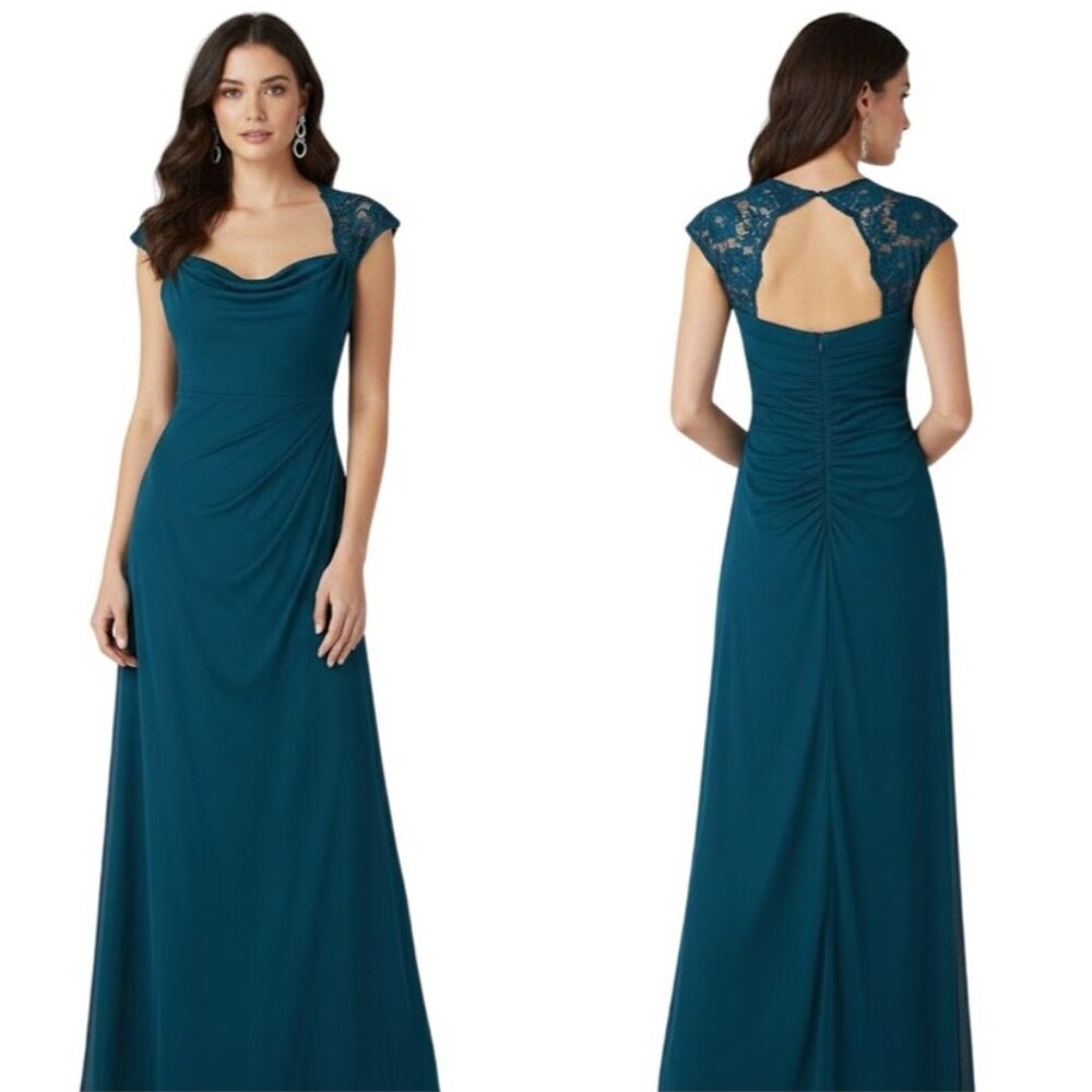 Xscape Teal Lace-Back Maxi Dress
